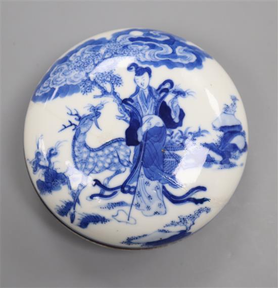 A Chinese blue and white circular seal paste box, Qianlong six character seal mark and probably of the period (1736-95), cover restored